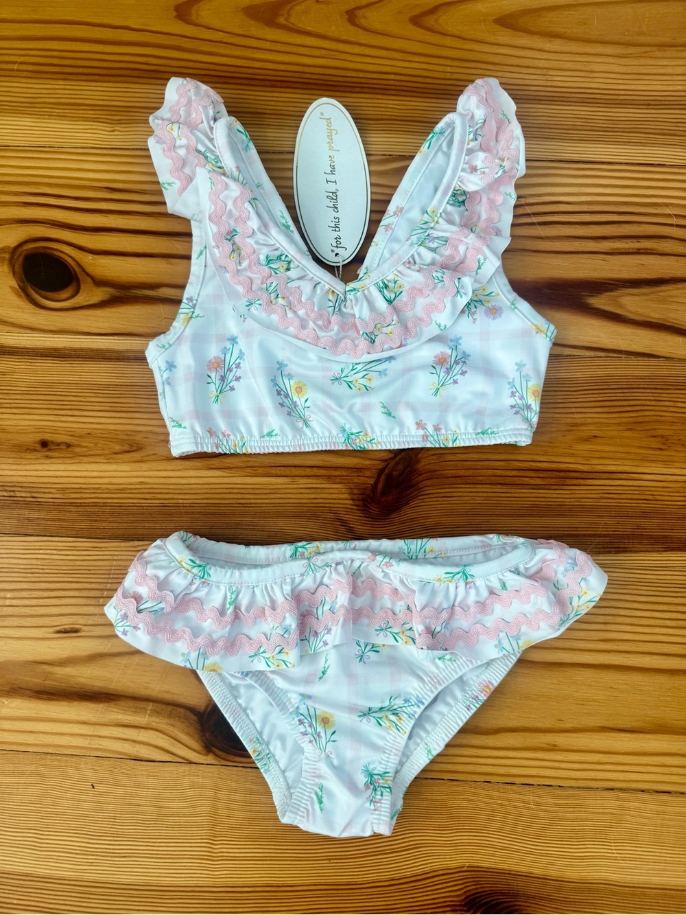 NWT Girl's Lullaby Set Floral Gingham Ruffle Two-Piece Bikini Pink & White 4T